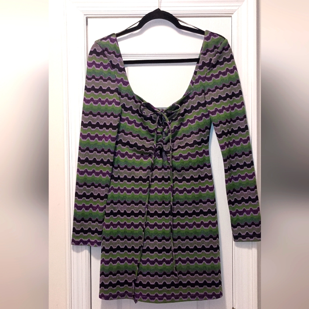 Zara metallic Thread Green Purple black Long Sleeve Mini Dress XS